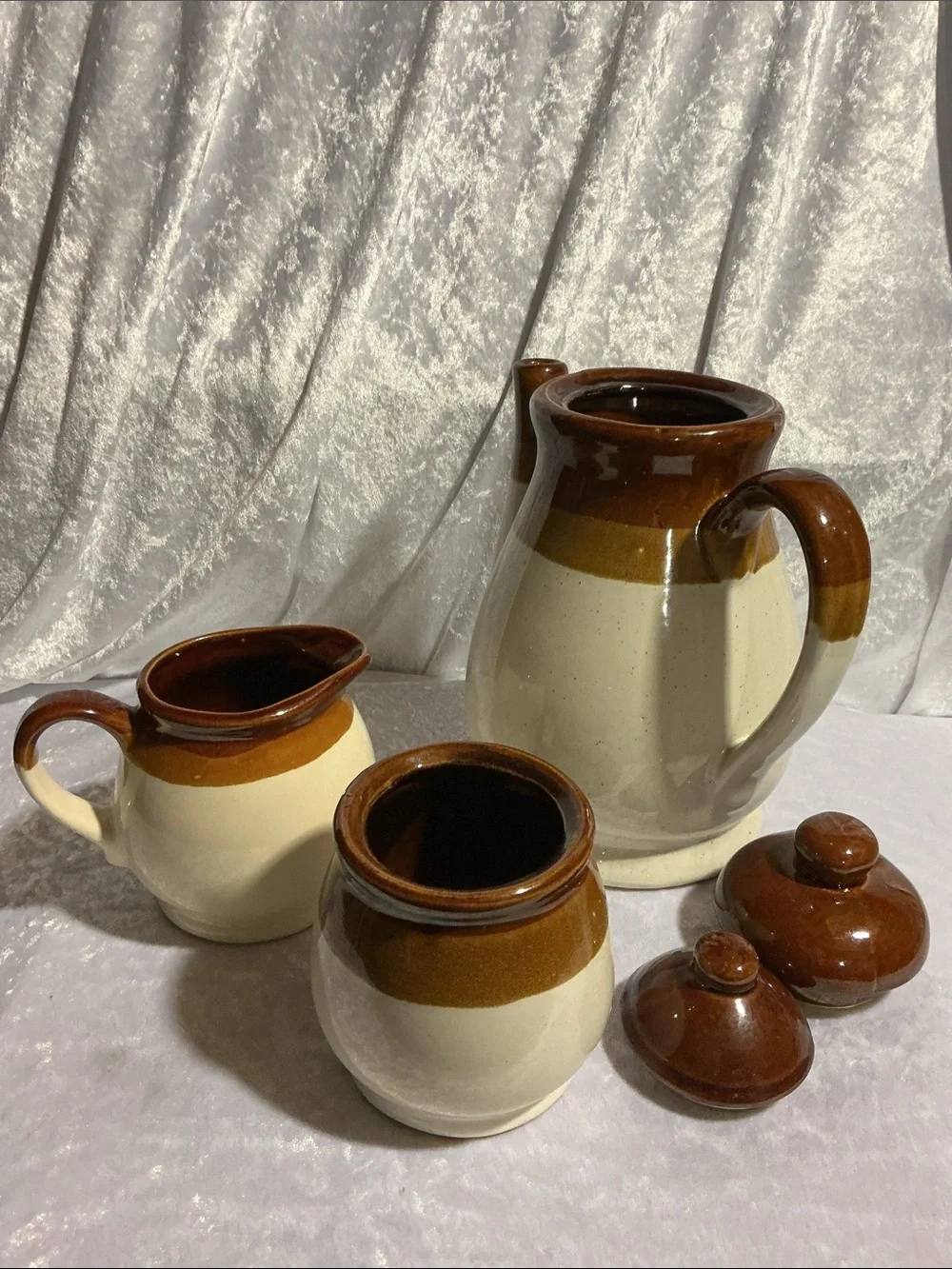 Brown and Cream Ceramic Coffee Set – Pitcher, Sugar Jar, Creamer